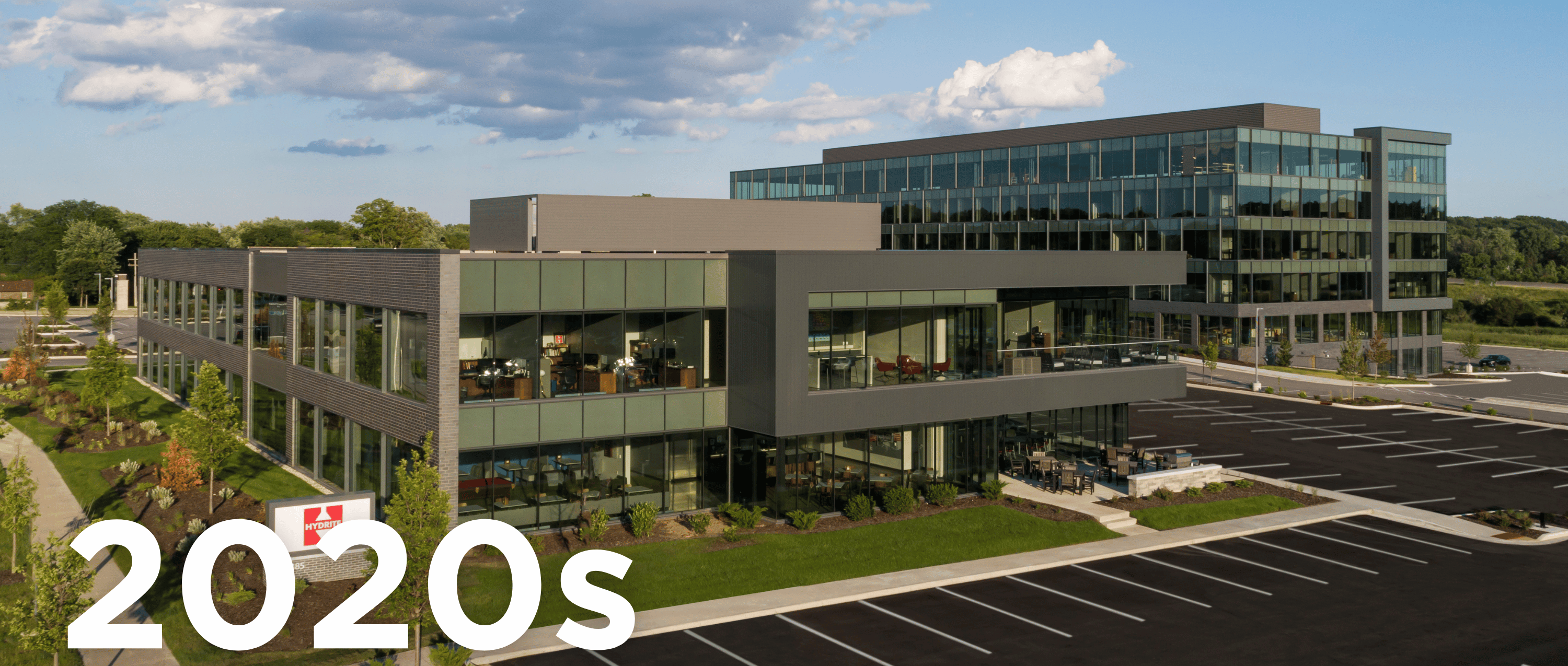 The new Hydrite headquarters is a two-story, 45,000-square-foot space with floor-to-ceiling windows, energy-saving features, and recycled building materials.